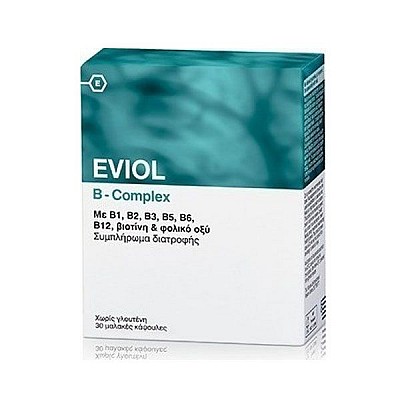 Eviol B-Complex-Συμπλήρωμα Διατροφής με σύμπλεγμα βιταμινών Β, βιοτίνη και φολικό οξύ, 30caps