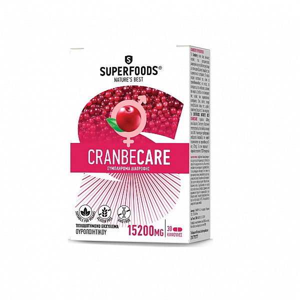 Superfoods Cranbecare 15200mg Συμπλήρωμα Διατροφής για άτομα με επανεμφανιζόμενες λοιμώξεις του Ουροποιητικού Συστήματος, 30caps