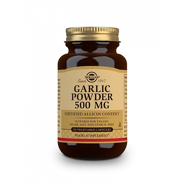 SOLGAR Garlic 500mg Σκόρδο Σκόνη - Μείωση των Λιπιδίων του Αίματος, της Πίεσης Χωρίς Ζάχαρη, Αλάτι - Vegan 90caps