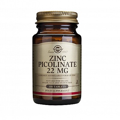 Solgar Zinc Picolinate 22mg Συμπλήρωμα Διατροφής Ψευδαργύρου για Τόνωση του Ανοσοποιητικού & της Αναπαραγωγικής Υγείας, 100tabs