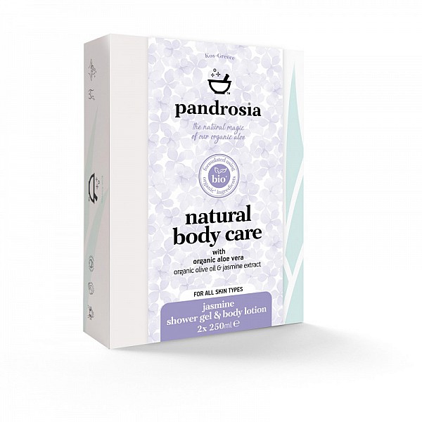 Pandrosia Φυσικό αφρόλουτρο + Φυσικό γαλάκτωμα σώματος με βιολογική αλόη, βιολογικό λάδι ελιάς & εκχύλισμα γιασεμιού 2x250ml 