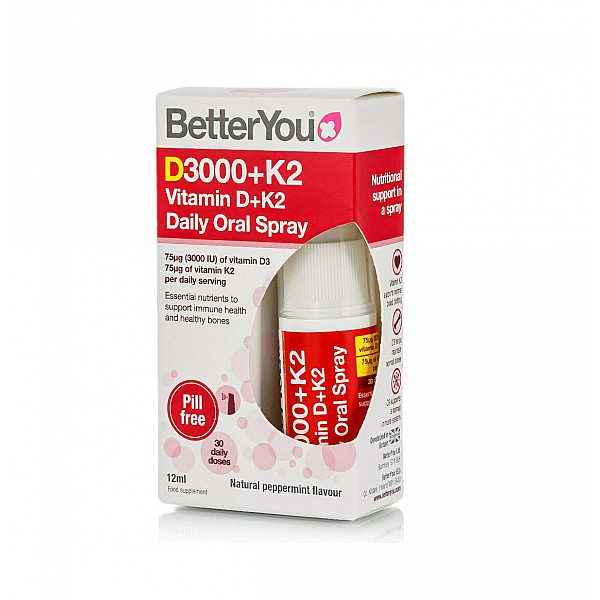 BetterYou Vitamin D+K2 Daily Oral Spray 3000IU (75μg) Συμπλήρωμα Βιταμίνης D σε μορφή σπρέι, με γεύση μέντας, 12ml