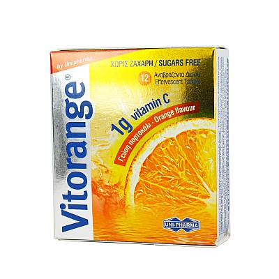 Uni-Pharma Vitorange 1g Vitamin C Συμπλήρωμα Διατροφής με Βιταμίνη C για Αυξηση Ενέργειας & Ενίσχυση Ανοσοποιητικού - Χωρίς Ζάχαρη, 12eff.tabs