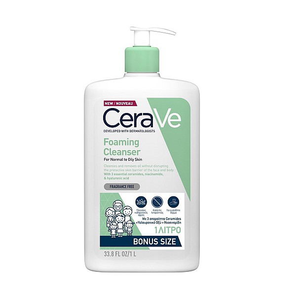 Cerave Foaming Cleanser Gel Καθαρισμού για Κανονικές έως Λιπαρές Επιδερμίδες, 1lt