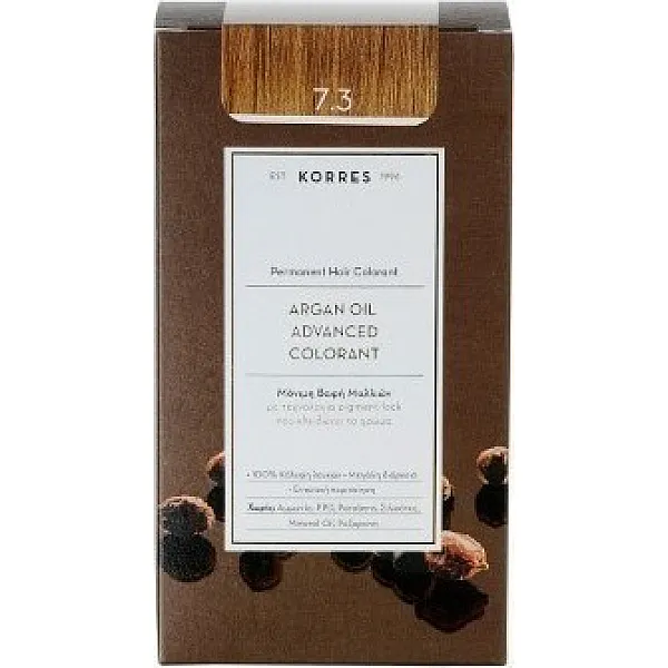 Korres Argan Oil Advanced Colorant Μόνιμη Βαφή Μαλλιών 7.3 Ξανθό Χρυσό / Μελί 50ml