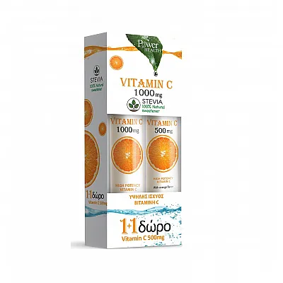 Power Health Vitamin C 1000mg με Στέβια 24 αναβράζοντα δισκία + Vitamin C 500mg Πορτοκάλι 20 αναβράζοντα δισκία