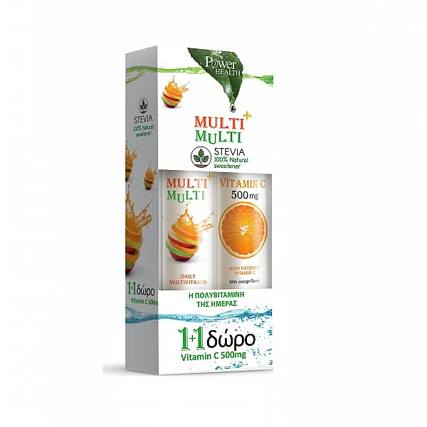 Power Health 1+1, Multi+Multi Πολυβιταμίνες με Στέβια 24 Αναβρ.Δισκία & ΔΩΡΟ Vitamin C 500mg 20 Αναβρ.Δισκία
