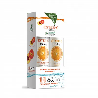 Power Of Nature Ester C 1000mg 20 αναβράζοντα δισκία & Vitamin C 500mg 20 αναβράζοντα δισκία Ροδάκινο Πορτοκάλι