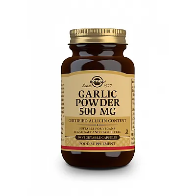 SOLGAR Garlic 500mg Σκόρδο Σκόνη - Μείωση των Λιπιδίων του Αίματος, της Πίεσης Χωρίς Ζάχαρη, Αλάτι - Vegan 90caps