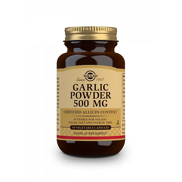 SOLGAR Garlic 500mg Σκόρδο Σκόνη - Μείωση των Λιπιδίων του Αίματος, της Πίεσης Χωρίς Ζάχαρη, Αλάτι - Vegan 90caps